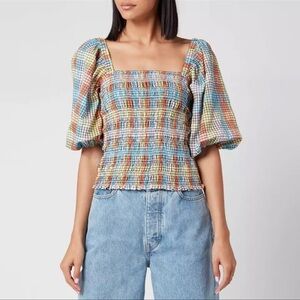 GANNI Smocked Check Puff Sleeve Top In Multi Women's Size 34 US 2